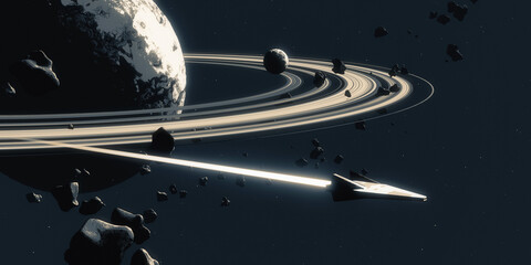 Space illustration with spaceship near planet