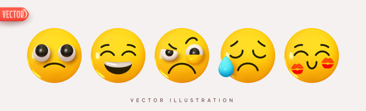 Set Icon Smile Emoji. Realistic Yellow Glossy 3d Emotions face happy kiss, sadness, a tear on the cheek, laughter, worried, pity. Pack 22. Vector illustration