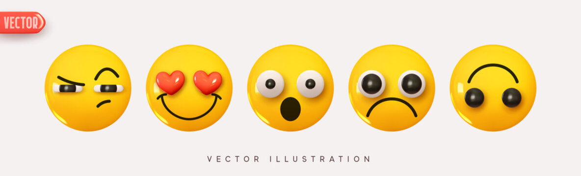 Set Icon Smile Emoji. Realistic Yellow Glossy 3d Emotions face happy lover, indifferent, inverted, gloomy, surprised, angry. Pack 21. Vector illustration
