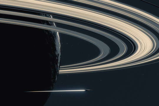 Space concept art with ship flying under planet rings