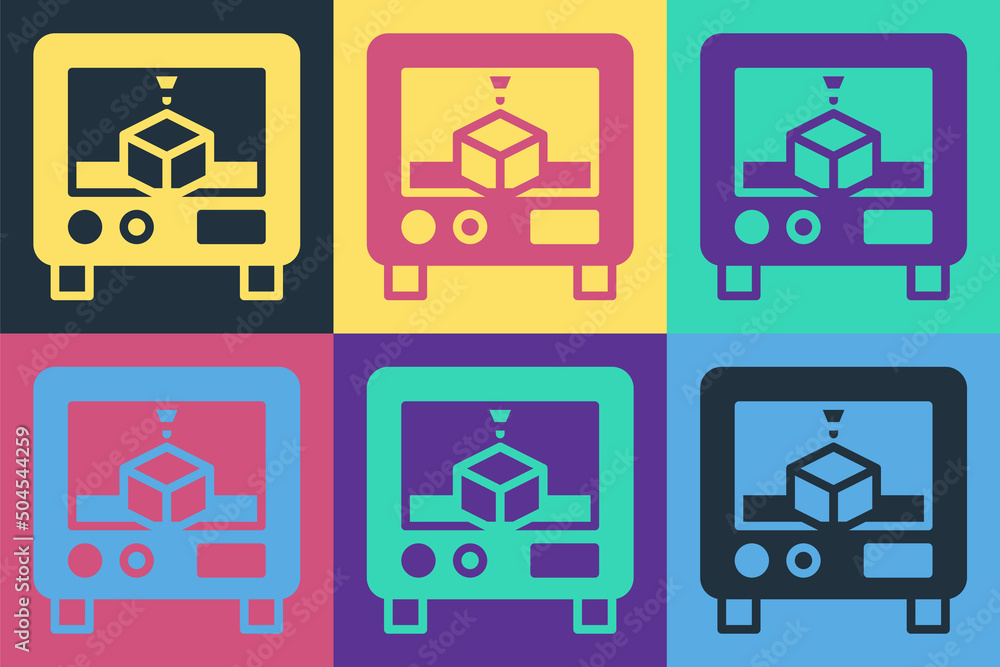 Poster pop art 3d printer icon isolated on color background. 3d printing. vector