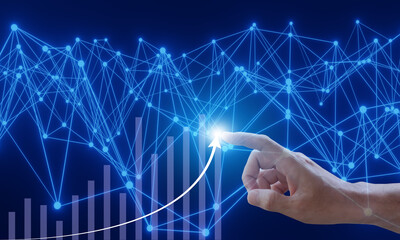 Business hands touch virtual network and information exchange online connection concept globally. Transformation of things in the future, the future concept of the index finger connector is wireless