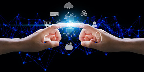 New technology for connectivity Businessman's hand pointing to a virtual finger scanner.Digital Transformation Technology Strategy Concept IoT Internet of Things Changes in thinking and implementation