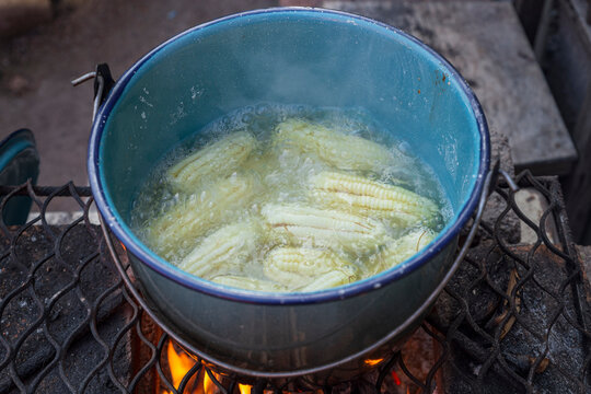 Blue pewter pot with yellow corn boiling inside 