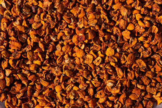 Closeup to the texture of tejocotes / hawthorns dehydrated by the sun