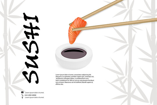 Vector realistic sushi design. Salmon slice with sauce and bamboo sticks. Restaurant menu design
