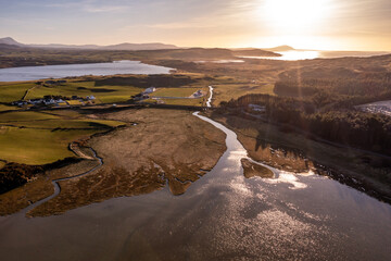 Aerial view of Dunfanaghy Bay in County Donegal at sunset - Ireland
