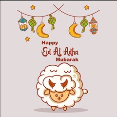happy eid al adha mubarak with lantern and cute sheep