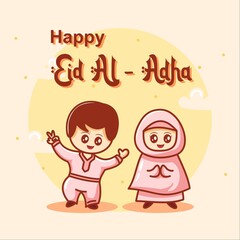 happy eid al adha mubarak with two muslim kids