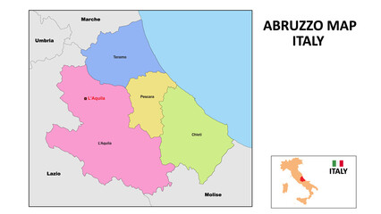 Abruzzo Map. State and district map of Abruzzo. Political map of Abruzzo with neighboring countries and borders.