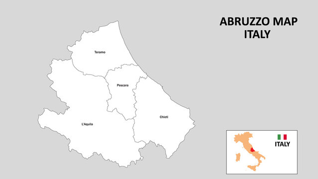 Abruzzo Map. State and district map of Abruzzo. Administrative map of Abruzzo with district and capital in white color.