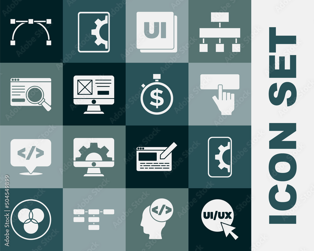 Poster set ui or ux design, web development, keyboard, bezier curve and time is money icon. vector
