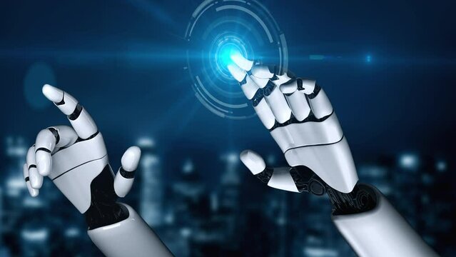 Futuristic robot artificial intelligence enlightening AI technology development and machine learning concept. Global robotic bionic science research for future of human life. 3D rendering graphic.