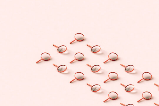 magnifying glass in rows. 3d render with copy space.
