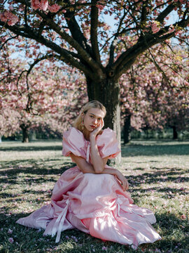 Girl in pink fairy dress at sakura blossom