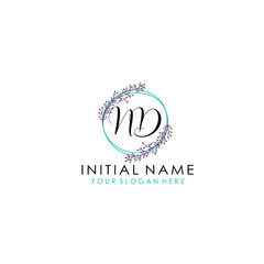 Initial letter ND handwriting with floral frame template