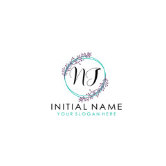 Initial letter NJ handwriting with floral frame template