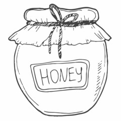 Honey jar, honeycomb vintage set. Engraved organic food hand drawn sketch illustration. Black isolated on white background.