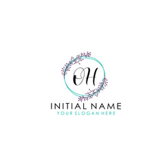 Initial letter OH handwriting with floral frame template