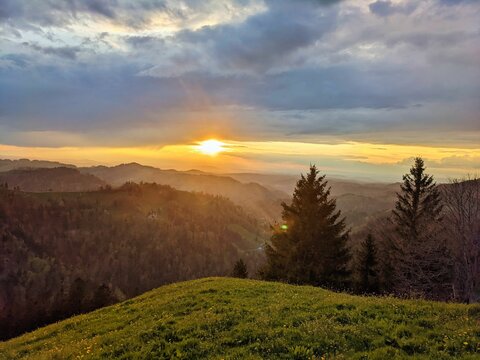 Sunset on the schnebelhorn in zurich oberland switzerland. Evening run on the beautiful hill. Spring Time. quality photo