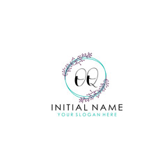 Initial letter OQ handwriting with floral frame template