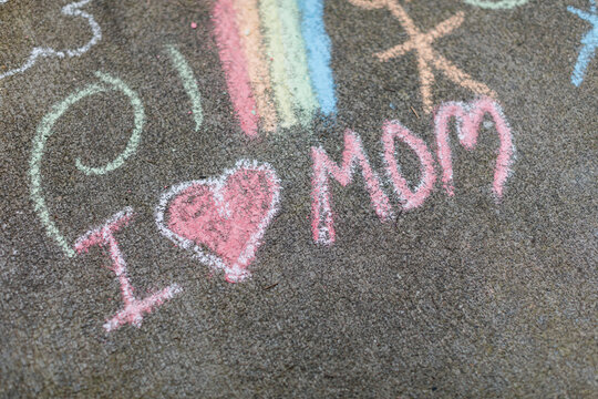 "I HEART Mom" Sidewalk Chalk in Family's Driveway
