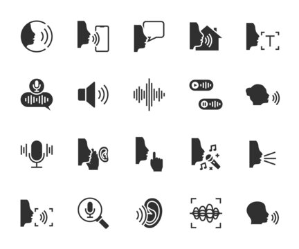 Vector set of voice flat icons. Contains icons voice control, sound, whisper, shout, voice message, singing, sound wave, voice recognition and more. Pixel perfect.