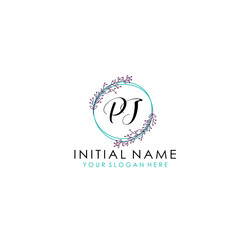 Initial letter PJ handwriting with floral frame template
