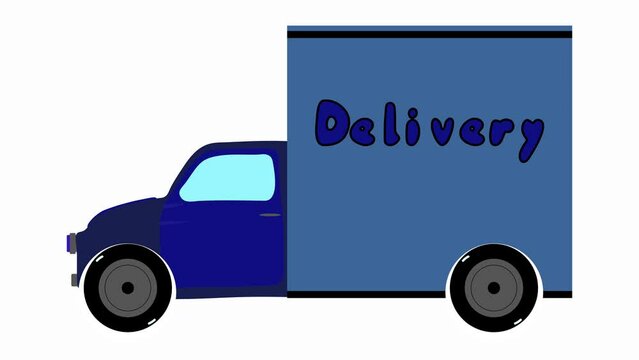 video animation clip where a blue truck goes to deliver goods to people and shops