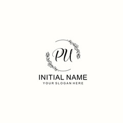 Initial letter PU handwriting with floral frame template