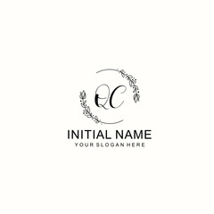 Initial letter QC handwriting with floral frame template