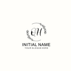 Initial letter QH handwriting with floral frame template