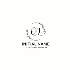 Initial letter QL handwriting with floral frame template