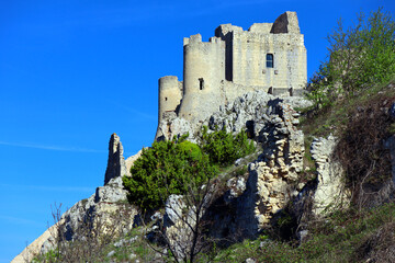 Rocca Calascio, mountaintop medieval fortress at 1512 meters above sea level. The Castle of Rocca Calascio is located within the Gran Sasso National Park, Abruzzo &ndash; Italy