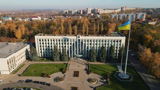 Autumn city of Rivne Ukraine, Regional Council. Aerial shot 