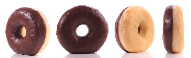 Traditional Donut with Chocolate Topping - Side View isolated on white Background - Banner