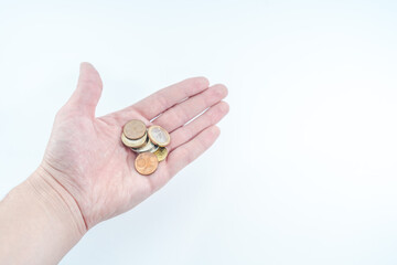 Man's hand with euro coins. Finance concept.