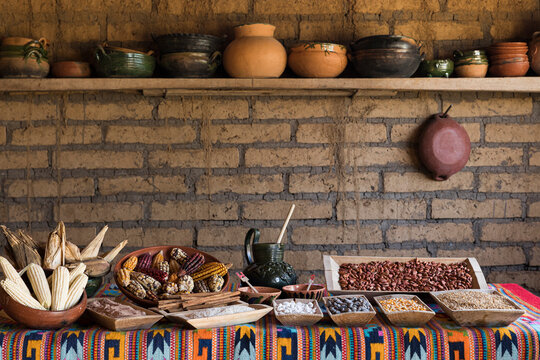 Mexican table with ingredients such as cocoa, corn and wheat.