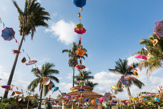 Umbrellas hanging from wires with a palm trees at the background
