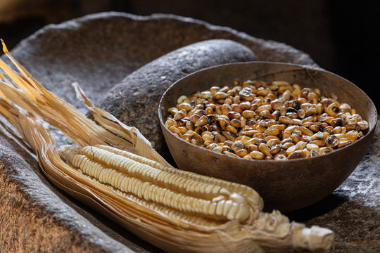 Corn with its leaf and a j&iacute;cara with kernels on a metate
