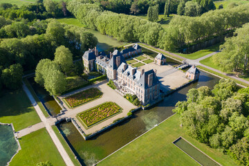 Beautiful medieval castle. Aerial View Shot of Castle. Château de Courances (Domaine de...