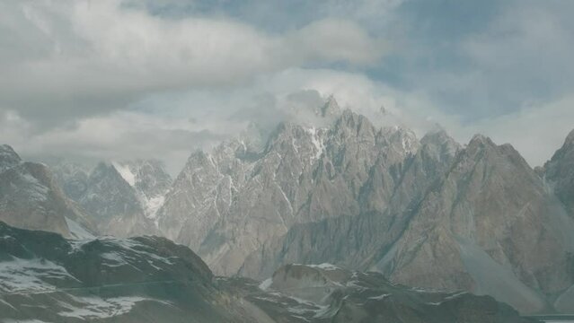 Aerial view of magnificent peaks of Passu Cones in Hunza Valley, Pakistan. Passu cones, Passu is a small village located near Gulmit in the Gilgit Baltistan, Pakistan region of Northern Pakistan.