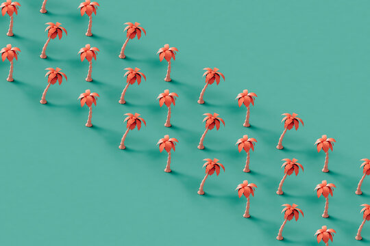 pink palm trees in rows on a blue background. 3d render