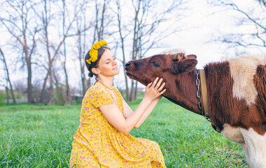The girl kisses the cow. Love to the animals.