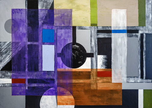 A geometric abstract painting; broken and textured lines on black.