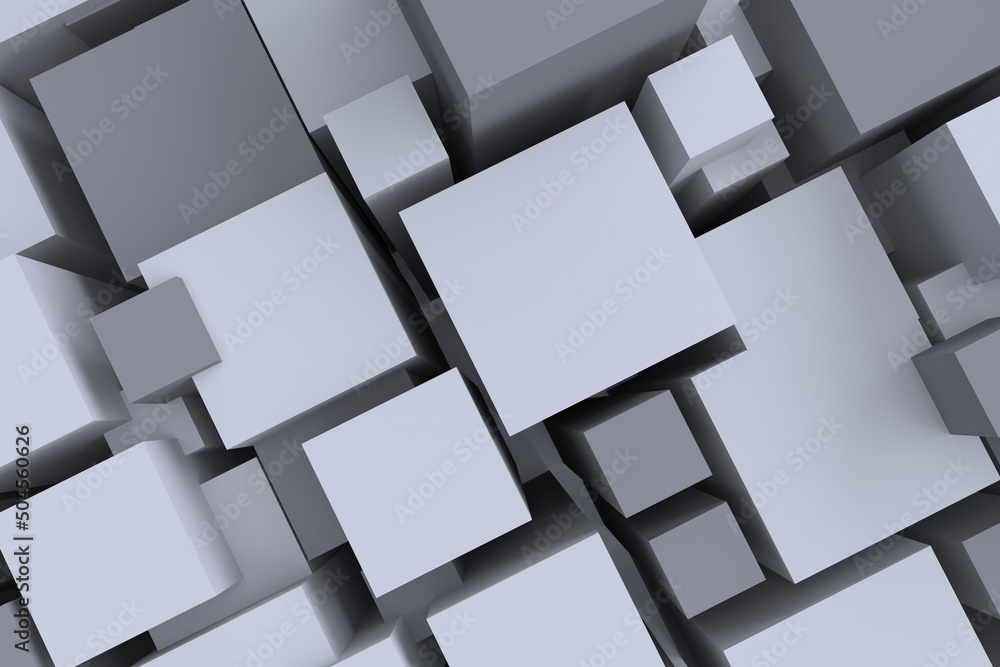 Poster 3d render. diagonal composition of white cubes of different sizes on a white background