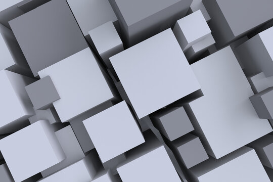 3D render. Diagonal composition of white cubes of different sizes on a white background © Sergey