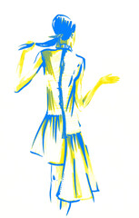Beautiful Ukraine woman. yellow blue flag. Fashion girl in sketch-style.watercolor illustration.