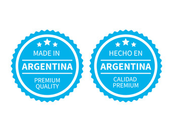 Made in Argentina round labels in English and in Spanish languages. Quality mark vector icon. Perfect for logo design, tags, badges, stickers, emblem, product package, etc
