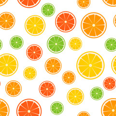 Colorful citrus seamless pattern. Slices of orange, lime, lemon, grapefruit on white background. Fresh juicy fruits. Vector template for wrapping paper, fabric, textile, wallpaper, scrapbooking, etc